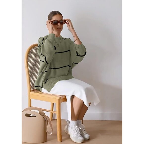 Women's Oversized Crewneck Sweater Pullover Long Sleeve Ribbed Knit Top - Picture 3 of 5